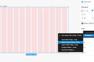 Image from Figma showing how to select the mode the frame should be in by selecting the variables icon from the Layer section and clicking from the collection for Breakpoints.