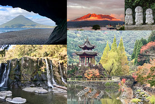 Collage showing 5 photos: Pyramidal green mountain seen from a cave overlooking the sea, blue sky and clouds above. Mountaintop glowing bright red in the setting sun. Statues of happy buddhist deities standing side by side. Garden of trees with red and yellow leaves, a pond reflecting, and Chinese pagoda, with tree-covered mountain behind. Wide rocky waterfall with flat stones resembling huge lily pads in the water beneath it.