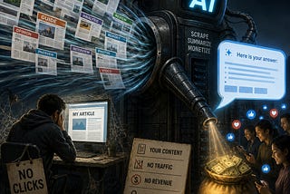 IMAGE: An AI machine absorbs web pages and turns them into answers and ad revenue, while a creator receives no clicks or income