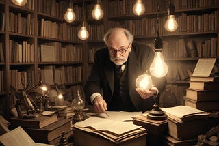 A professor surrounded by lightbulbs in a study full of books and papers