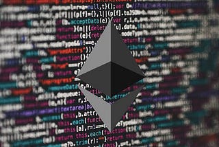 Ethereum logo with some background code