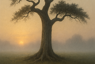 A lone oak tree in a misty landscape with subtle glowing glyphs near its roots, symbolizing resilience and the grounding of relational intelligence.