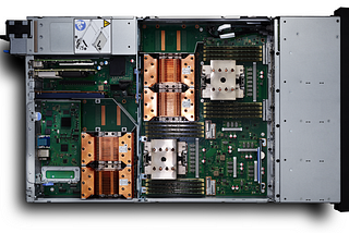 Internal view of a Power Systems AC922 server with four NVIDIA Tesla V100 GPUs installed.