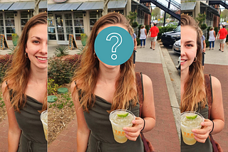 Image is of Zulie Rane outside holding a drink. It repeats three times; the middle image has a question mark over her face.