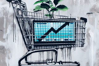 A plant growing out of a computer inside a shopping cart showing organic growth.