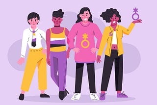 Cartoon image of four smiling young people standing side by side wearing colors and symbols that indicate they identify as non-binary.