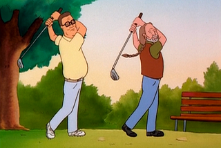 Hank Hill and Willie Nelson swinging golf clubs