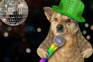 Dog with Green Hat Holding a mic.