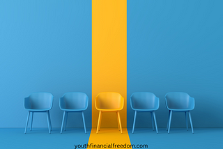 An orange chair stands out against a background of blue chairs and well, implying standing out after a job application