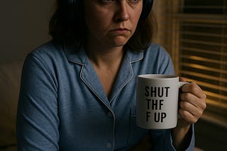 Angry woman with headphones having a sleepless night — image created using AI