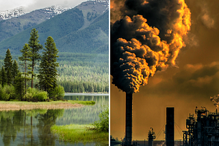 On the left is a picture of a mountainside with trees next to a river in front of it, and a factory belting pollution into the air on the right.