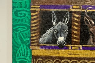 A painting of a grey donkey sticking his head out of a purple and golden window