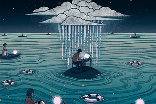 Homem sentado na frente de um computador, isolado em uma ilha, enquanto chove sobre ele. Uma metáfora para como a empatia pode prejudicar os sentimentos do indivíduo.