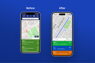 Before and after view of Quebec city’s RTC Nomade’s app after Yanick jimenez (senior product designer) redesigned it.