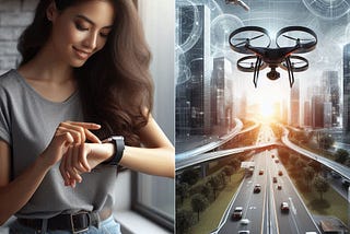 A split image showcasing a person using a smartwatch to control a drone on the left, and a futuristic cityscape with drones integrated into daily life on the right.