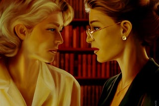 Two women side view lookign at each other, a young boyish blonde and a mature brunette wearing gold-rimmed spectacles