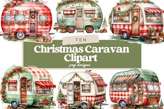 Watercolor Christmas Caravan Clipart, Christmas Camping PNG Bundle, Junk Journal, Digital Paper Craft, Christmas Sublimation, Christmas PNG