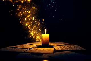 a single candle on a desk with handwritten pages, its flame transforming into glowing stars rising into the night sky