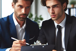 Two men at a table staring forward one has a pen in his hand and the other a clipboard looking very pensive.