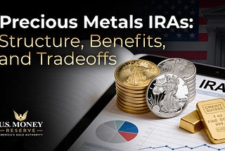 Stack of gold and silver coins. U.S. Money Reserve reviews precious metals IRAs.