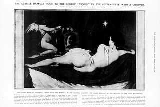 Damage to the Rokeby Venus from The Illustrated London News of 14 March 1914 — b/w photo showing the painting of a naked woman lying on her side while a cherub holds up a mirror for her. The figure has slash marks on her upper and lower back