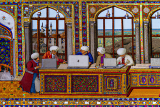 an Ottoman style miniature (illuminated manuscript) showcasing software engineers working with macbooks in a palace, generated by Dall-e