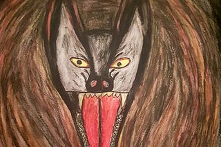 Painted picture of a wolf’s head — with open mouth and an angry look.