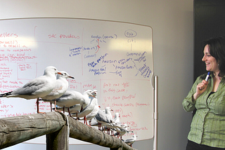 A woman stands on the right smiling towards a whiteboard with notes on it. In front of her there is a row of seagulls sitting on a wooden fence as if they are the ones in her workshop.