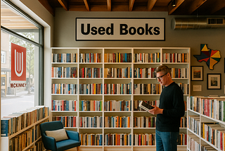 Modern used bookstore in North Texas with local reader browsing gently used books in McKinney