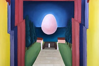 Colourful painting of doorway showing a path and an luminescnt eggshaped object in centre