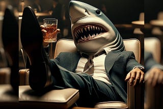 dramatic close up, floor angle shot, Shark in a pinstripe suit, sitting back relaxing in a modern art deco chair, his arm is propped up with a smug look on his face, mouth open with a slight laugh. in his other hand he holds a glass of bourbon. The scene is upscale like a magazine photo shoot and the image is analog with film grain and shallow DOF