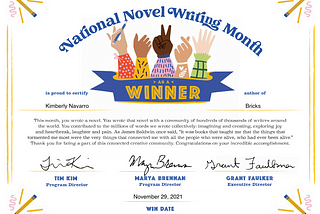 National Novel Writing Month Winner’s Certificate for Kimberly