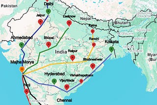 A map highlighting Majha Morya’s delivery expansion, showing the initial service area in Navi Mumbai (2018) and current expansion across Maharashtra, Gujarat, Karnataka, and upcoming locations in Delhi, Chennai, and Hyderabad (2025)