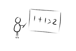 1 + 1 is greater than 2 depicted on the board and sticky figure pointing at it