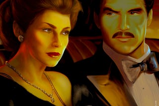 Digital painting of Eleanor, a mature woman with brunette hair and hazel eyes, and Charlie, a mature man with a thin mustache. They are wearing formal attire and sitting in a car.