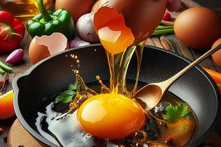 An egg cracked into a sizzling pan on a counter top scattered with vegetables