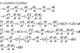 A series of multi-variable differential equations.