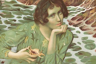 portrait of a woman with brown hair wearing a green dress with yellow flowers holding a large seashell with the roiling sea in the background