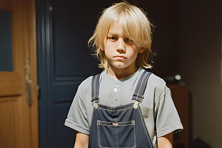 A tired-looking young boy with blond hair and navy overalls.