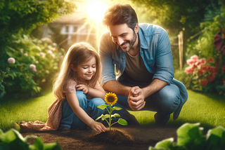 This image illustrates the story of Sara and her dad in their garden. As they care for a newly sprouted sunflower, Sara learns about patience and the joys of gardening. The scene captures the warmth and excitement of their gardening adventure.