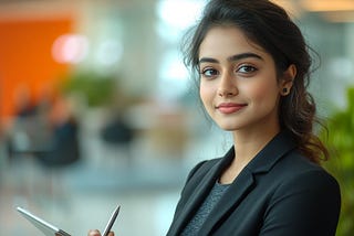 A a well-dressed woman holds a digital tablet, her expression one of calm confidence.