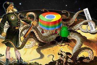 An early 20th century editorial cartoon depicting the Standard Oil Company an a world-spanning octopus clutching the organs of state — White House, Capitol dome, etc — in its tentacles. It has been altered: to its left, curled within its tentacles, stands an early 20th century cartoon depicting Uncle Sam as a policeman with a billyclub, with a DOJ Antitrust Division crest on his chest. On its right, one of its tentacles clutches an early Google ‘I’m Feeling Lucky’ button. Its head has been color