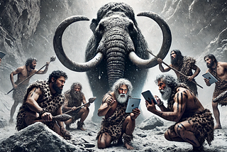 Cavemen and a massive mammoth, holding and looking at digital tablets instead of attacking, in a cold, harsh, grey and black environment with a grungy, natural, and rugged vibe.