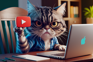 Grumpy tabby cat working on a computer and holding up a YouTube play symbol — This Free Code Replaces Pricey YouTube Keyword Tools