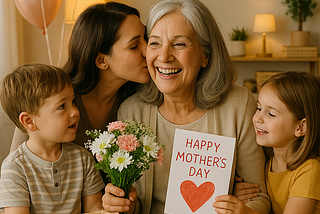 A mom, holding a card and flowers, kissed by her daughter with two grandchildren
