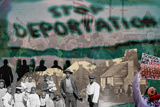 Composite graphic depicting a protest scene with law enforcement in riot gear facing demonstrators holding signs about deportation and education. Overlaid imagery includes silhouetted figures, a historic photograph of Black families in front of wooden homes, and blurred text reading “Stop Deportations,” visually linking contemporary immigration enforcement to historical systems of racial control and surveillance.