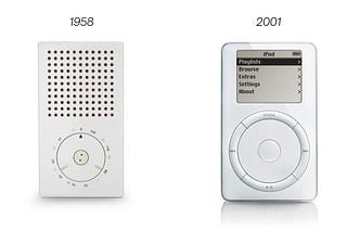 Comparison of T30 radio from 1958 and iPod from 2001