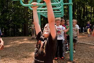 Kids swinging across the monkey bars.