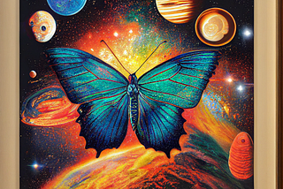 butterfly surrounded by planets in bright colors