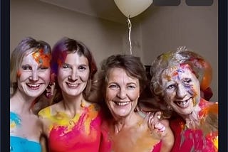 an AI generated image of for older women covered in fingerpaint with a white balloon on the ceiling